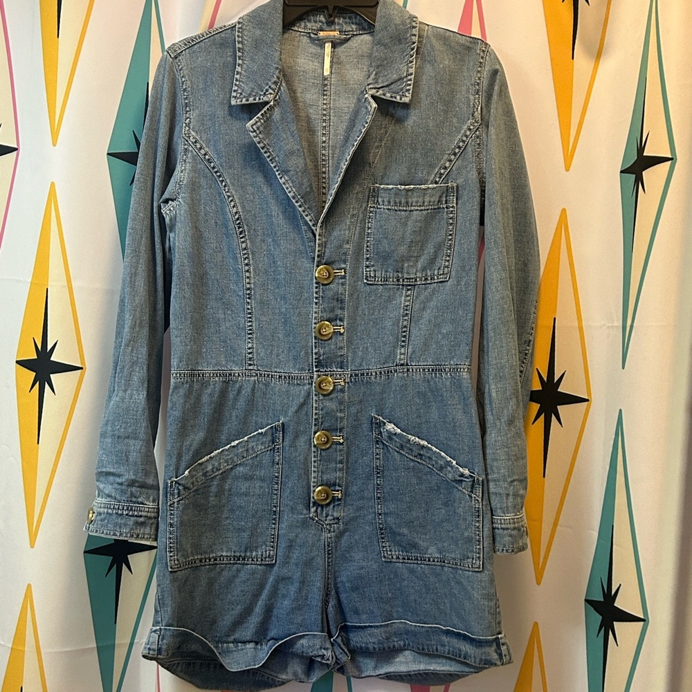 FREE PEOPLE  Long-sleeve Button-up Denim Romper XS